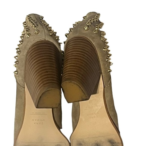 Zara Suede Leather Ankle Booties With Gold Studs Camel Beige Tan Dancing Size 38 - Picture 8 of 10